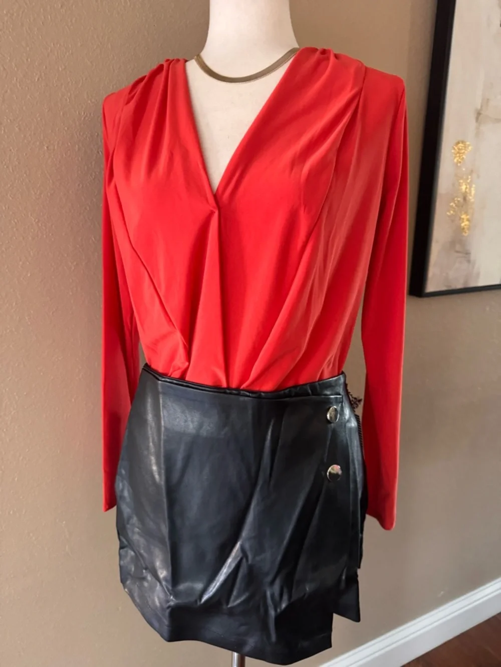 V-Neck Long Sleeve Wrap Bodysuit in Coral Red - Picture 12 of 12